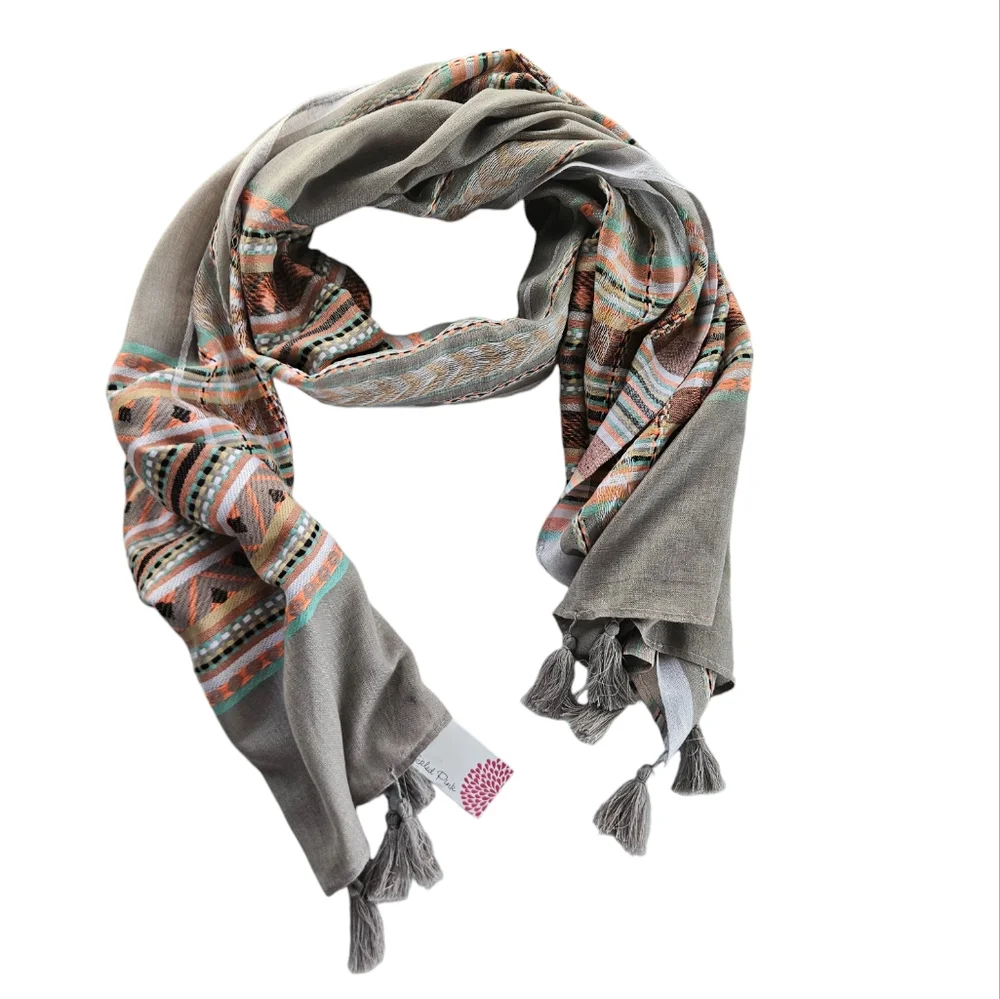 NWT TICKLED PINK Gray Aztec Plaid Tassel Scarf | SZ 70